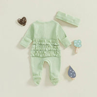 Baby girl light green romper with ruffle detail and matching headband for newborn to 6 months