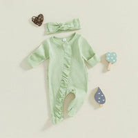 baby green romper with ruffle detail and matching headband for infants
