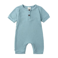 baby romper in light blue ribbed fabric with short sleeves and two front buttons for infants