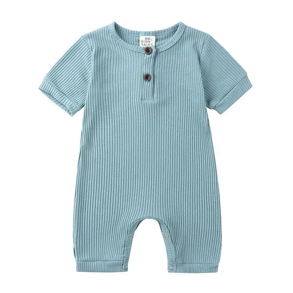 baby romper in light blue ribbed fabric with short sleeves and two front buttons for infants