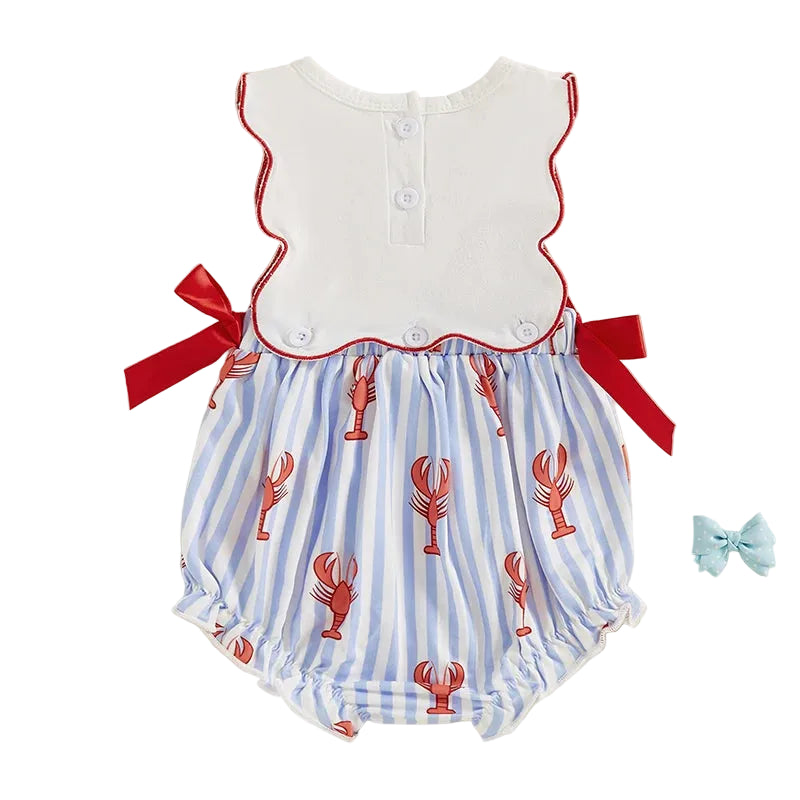 baby romper for infants with blue and white stripes and red lobster print, white scalloped collar with red trim, red side bows