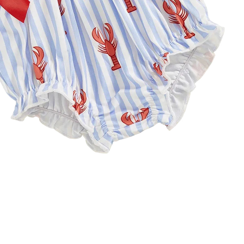 Blue and white striped baby romper with red lobster print and ruffled leg openings for infants