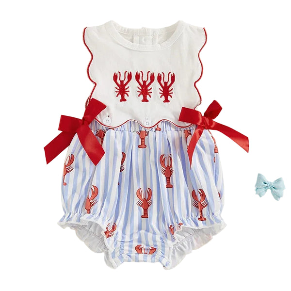 baby romper for infants white top with red lobster embroidery and blue striped bottom with red lobster prints and red ribbon bows