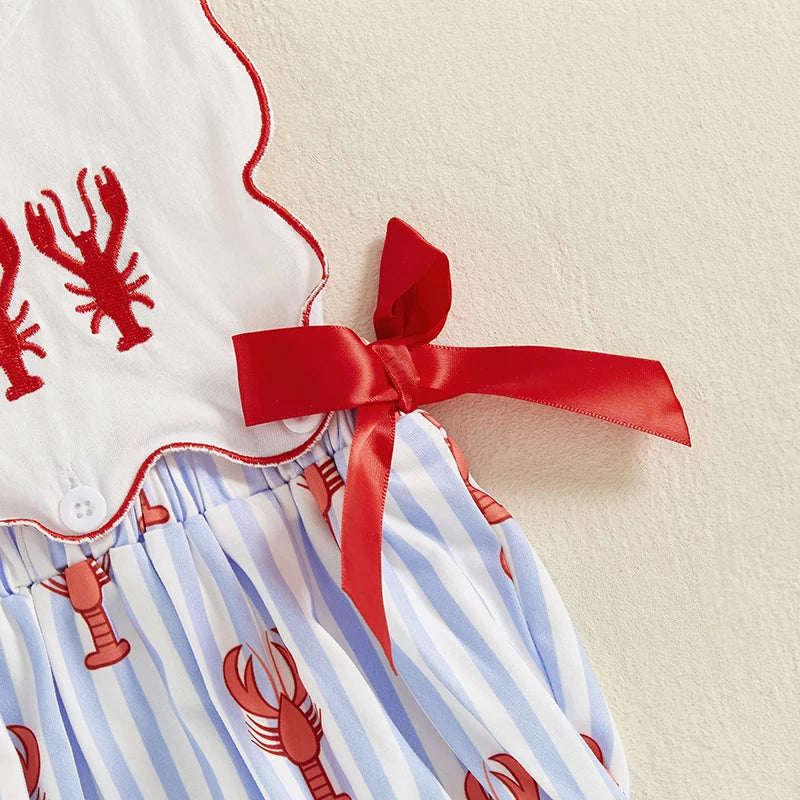 baby romper for infants with white top featuring red lobster embroidery and blue striped bottom with red lobsters and red bow detail