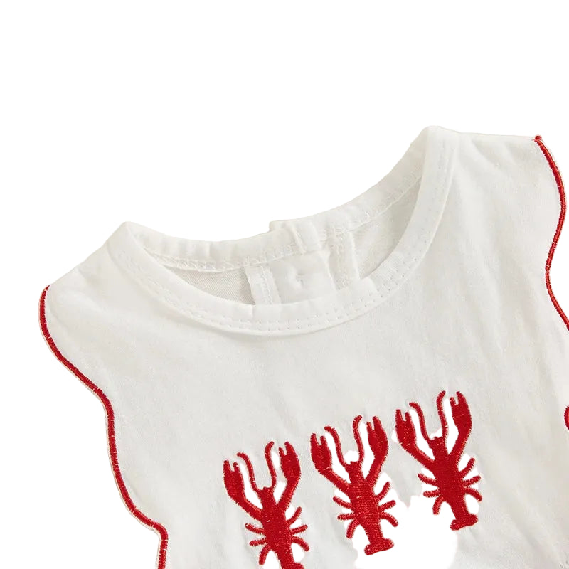 white baby romper with red lobster embroidery and red trim for infants