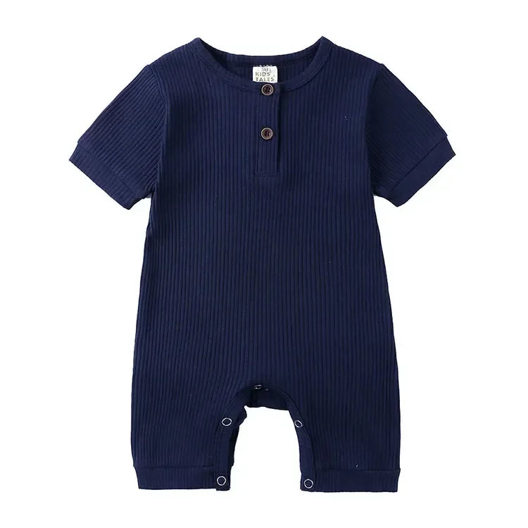 navy blue baby romper with short sleeves and button detail for infants