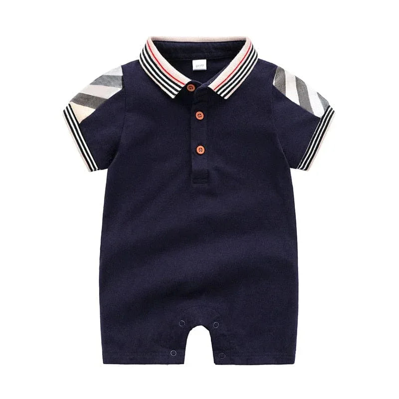 Navy blue baby romper with striped collar and sleeves for infants