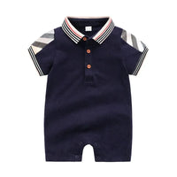 Navy blue baby romper with striped collar and sleeves for infants