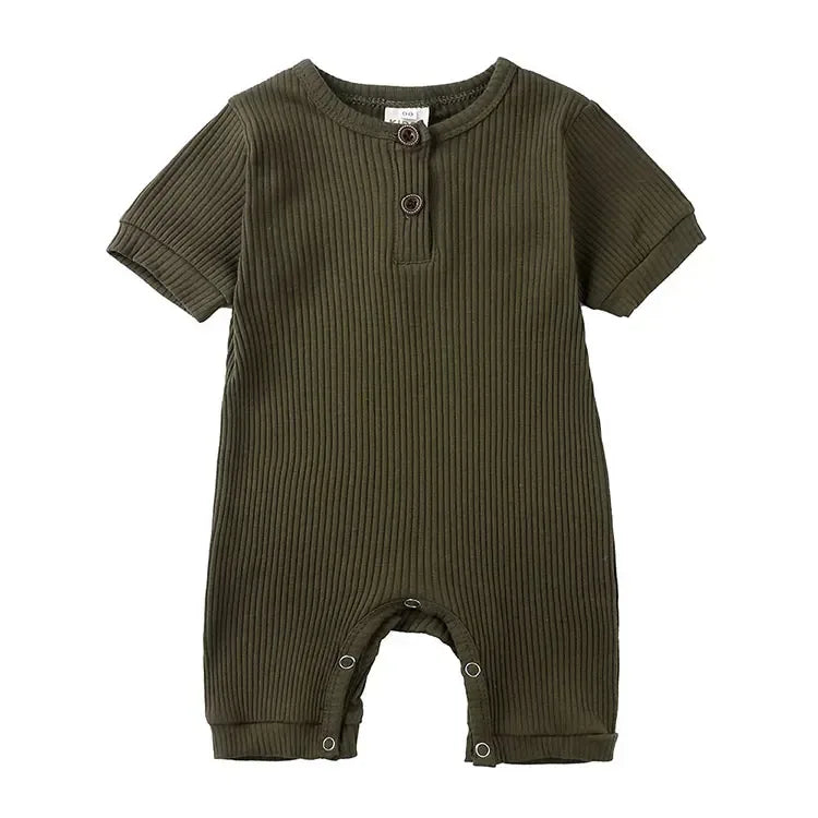 olive green ribbed baby romper with short sleeves and front buttons for infants