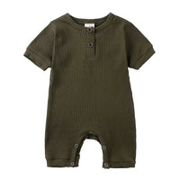 olive green ribbed baby romper with short sleeves and front buttons for infants