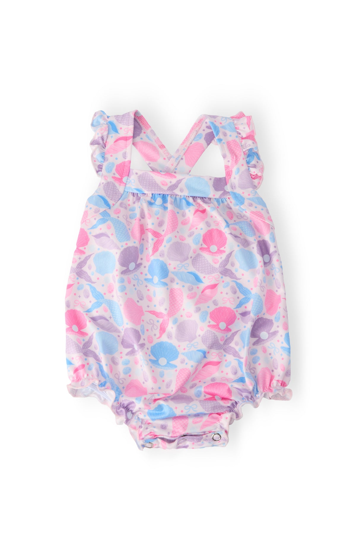 Pastel pink and purple ruffle cross back baby romper with seashell pattern for infants