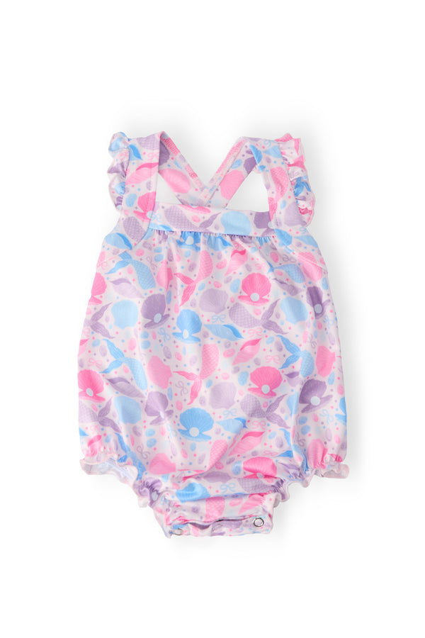 Pastel pink and purple ruffle cross back baby romper with seashell pattern for infants