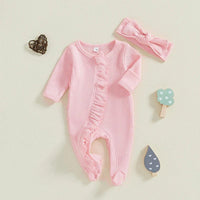 baby pink romper with ruffle detail, long sleeve and matching pink headband for infants