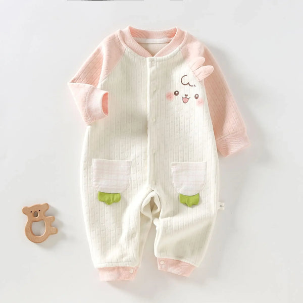 Pink and white cotton baby romper with long sleeves and cute animal face design
