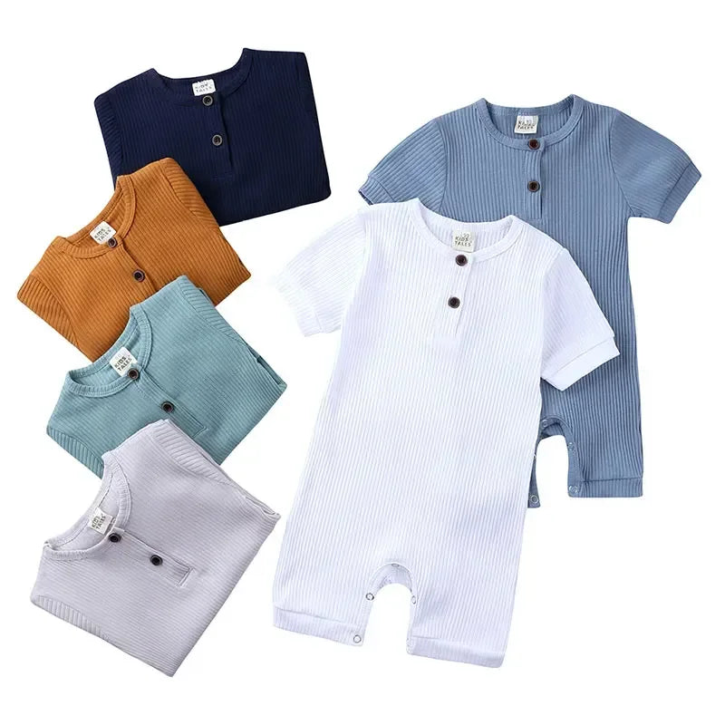 Baby romper set with short sleeves in white, blue, navy, mustard, teal, and gray ribbed fabric