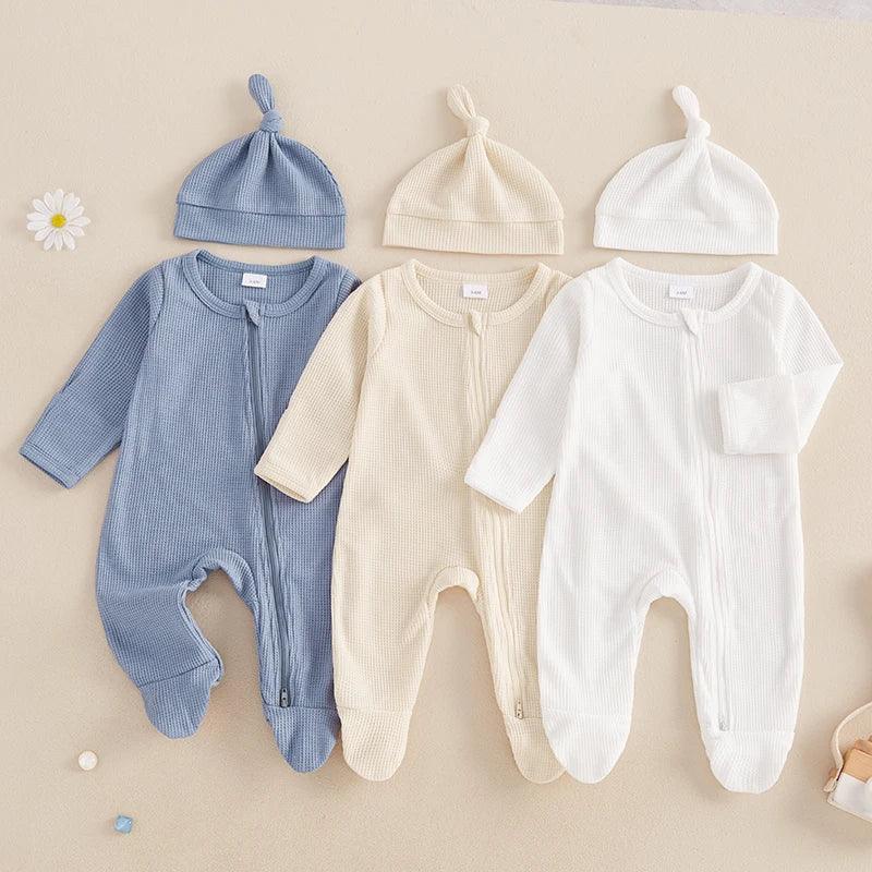 baby romper set with hat in blue cream and white colors, long sleeve footed design for newborns