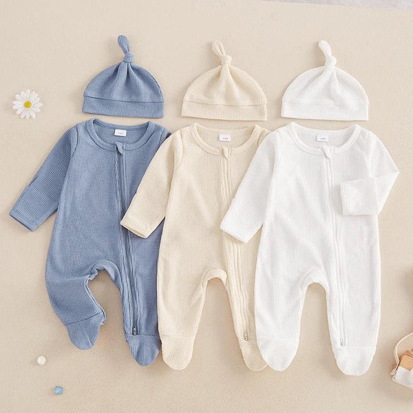 baby romper set with hat in blue cream and white colors, long sleeve footed design for newborns