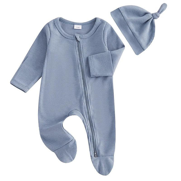 Blue baby romper set with hat for newborns featuring long sleeves and footed design