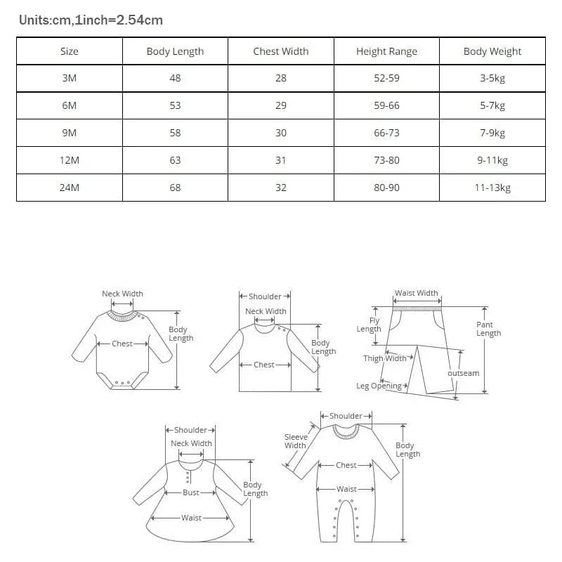 Measurement chart for babies and kids clothing sizes 3M to 24M with detailed body length chest width and height range