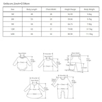 Measurement chart for babies and kids clothing sizes 3M to 24M with detailed body length chest width and height range