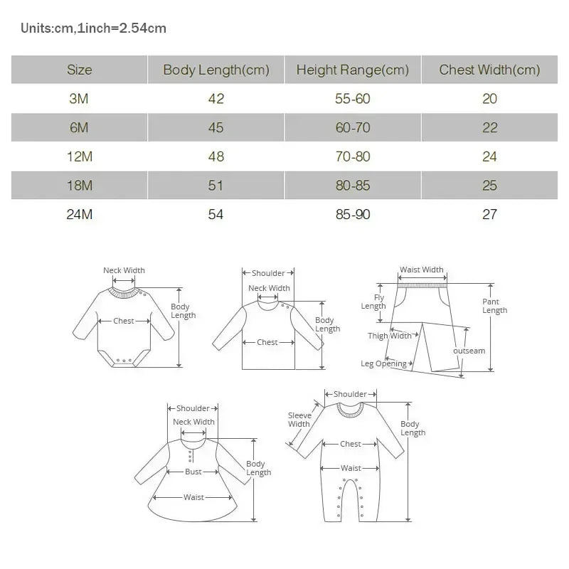 White baby romper size guide chart with body length height and chest width measurements in centimeters