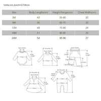 White baby romper size guide chart with body length height and chest width measurements in centimeters