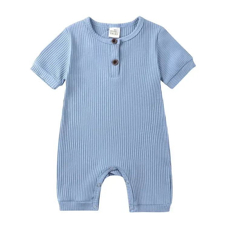 Blue ribbed baby romper with short sleeves and button detail for infants