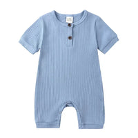 Blue ribbed baby romper with short sleeves and button detail for infants