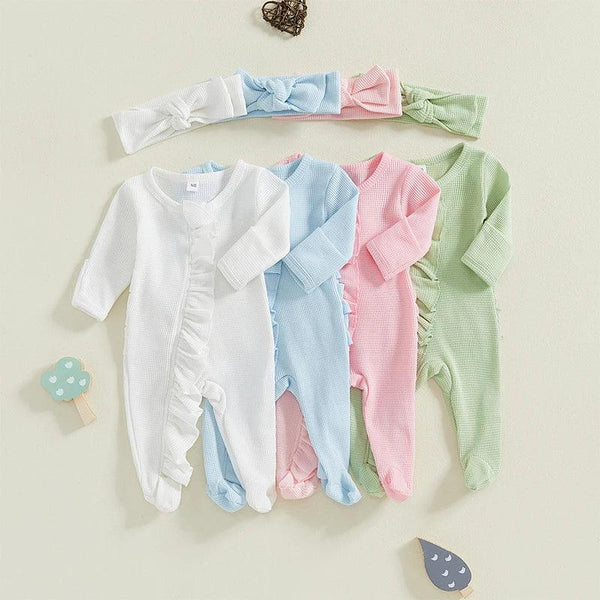 Baby rompers in white blue pink and green with long sleeves and ruffle detail for infants