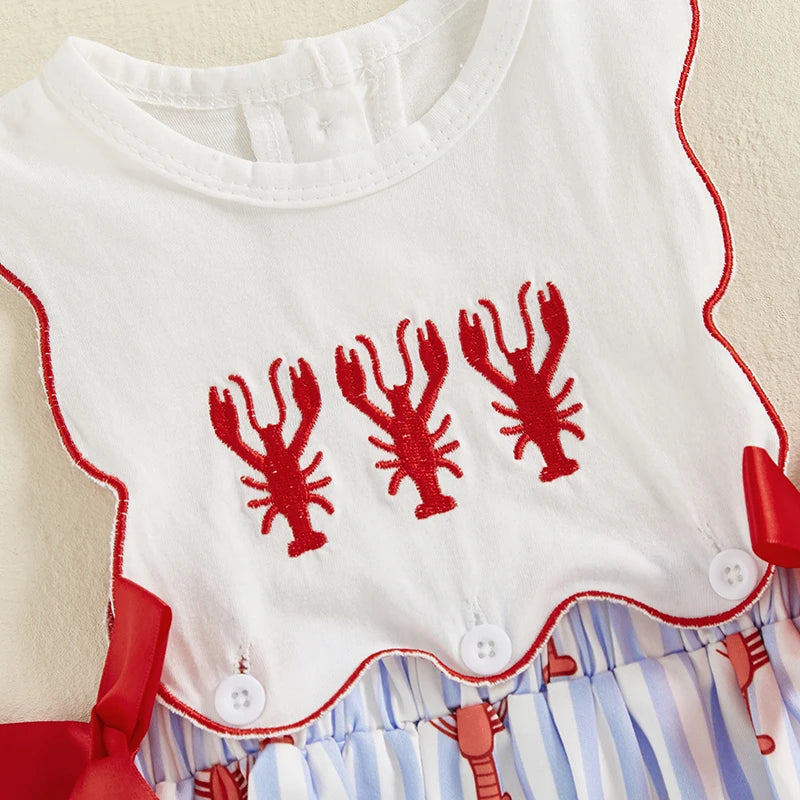 White baby romper with red lobster embroidery and scalloped trim for newborns