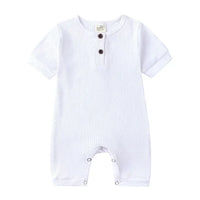 white baby romper for infants short sleeve with button detail and snap closures