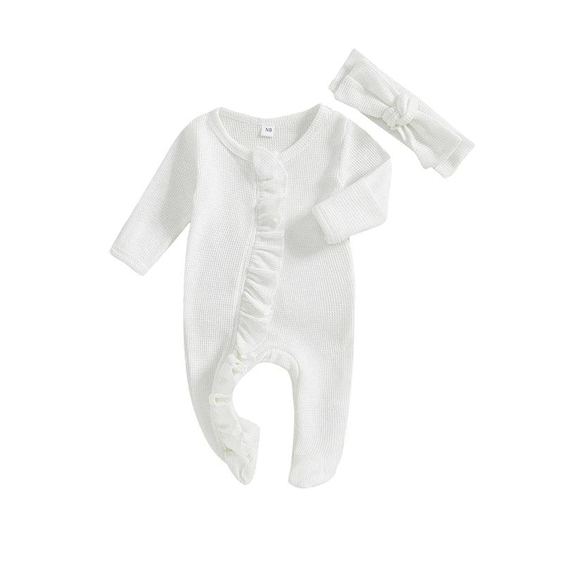 White baby romper with long sleeves and ruffle detail, includes matching headband for newborns