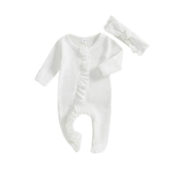 White baby romper with long sleeves and ruffle detail, includes matching headband for newborns