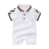 white baby romper with short sleeves and striped collar for infants