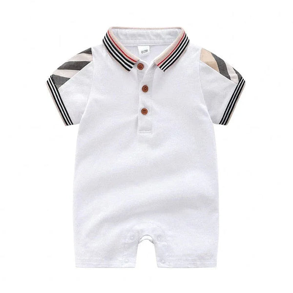 white baby romper with short sleeves and striped collar for infants