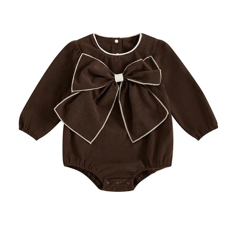 brown baby romper with oversized bow, long sleeve, infant size with white trim detail