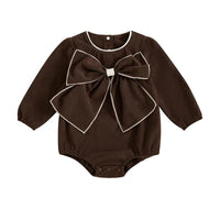 brown baby romper with oversized bow, long sleeve, infant size with white trim detail