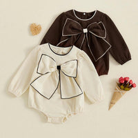 Baby romper with oversized bow in cream and brown colors, long sleeve, for infants