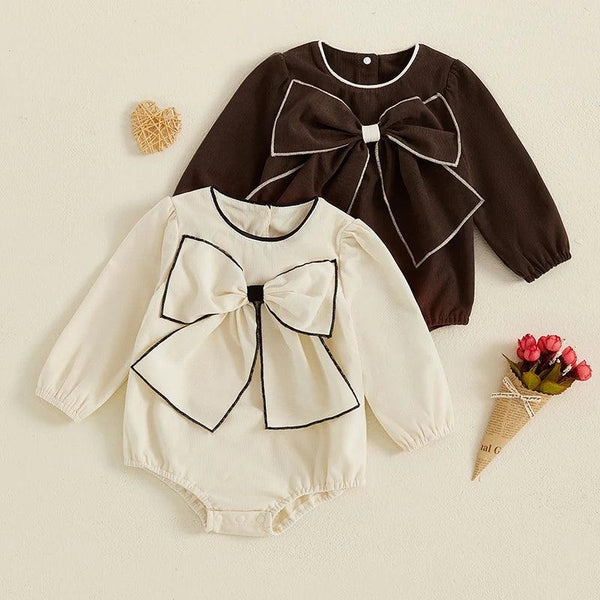 Baby romper with oversized bow in cream and brown colors, long sleeve, for infants