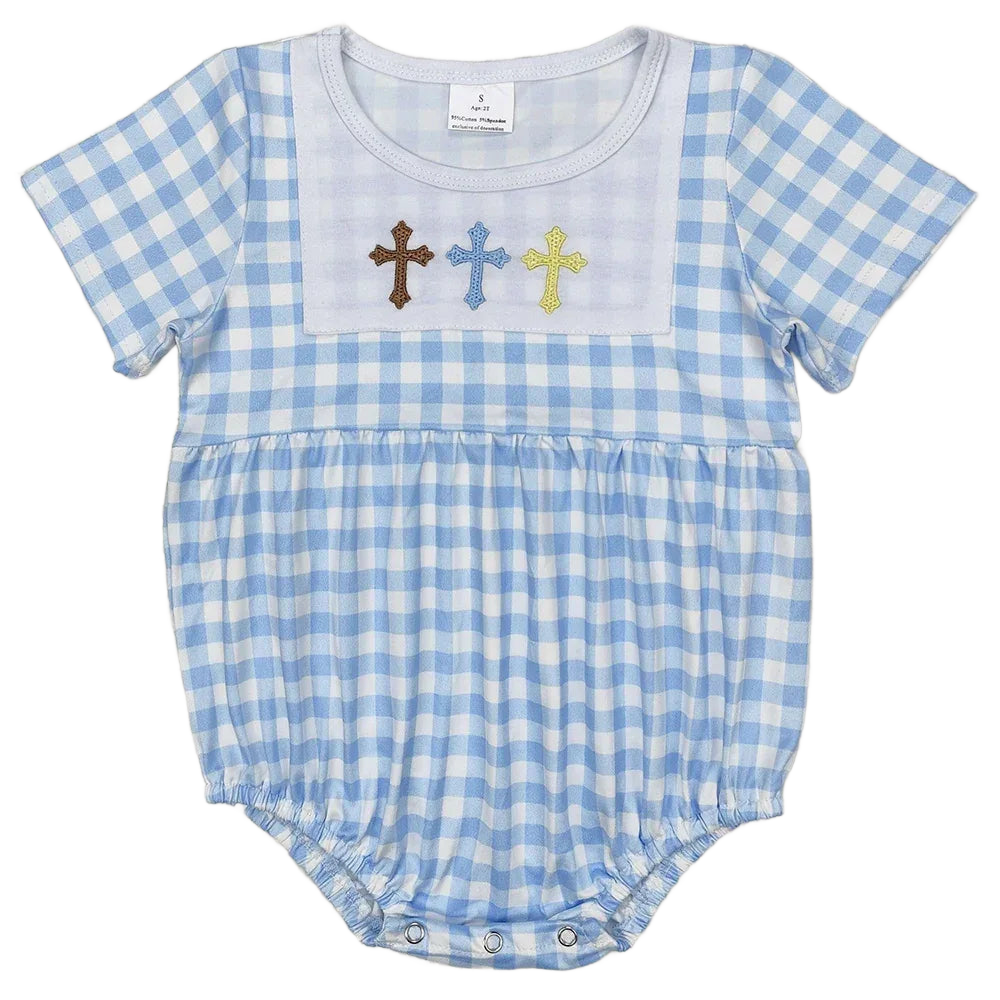 Blue and white gingham baby rompers with short sleeves and multicolor cross embroidery for infants