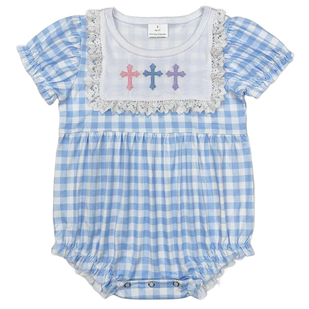baby rompers blue and white checkered, size small, with lace trim and embroidered crosses on chest