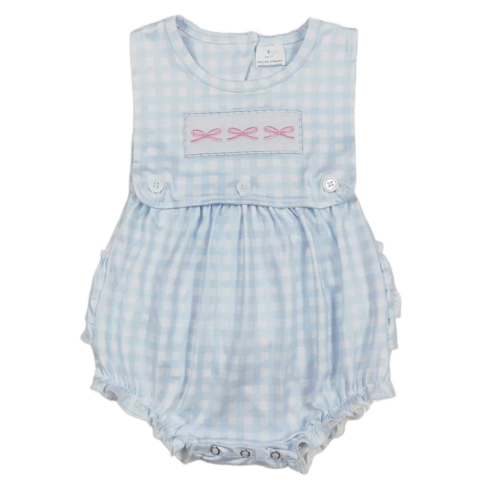 baby rompers light blue gingham pattern with pink bow embroidery, sleeveless design for infants