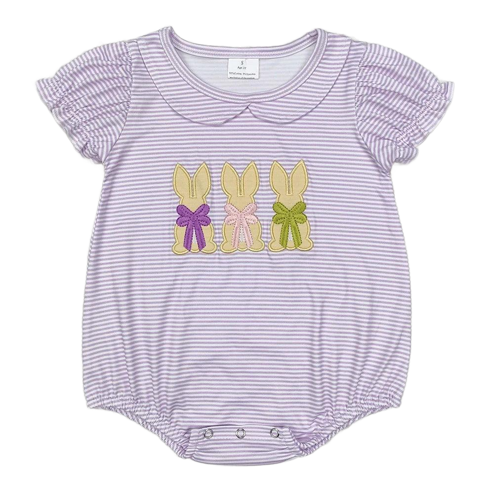 baby rompers lilac striped for 3 months with short puff sleeves and three bunny appliques with colorful bows