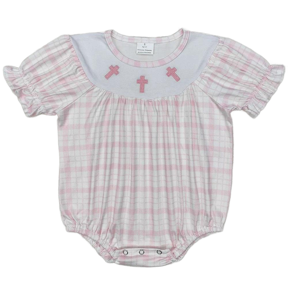 pink and white plaid baby rompers for infants with short puff sleeves and embroidered crosses