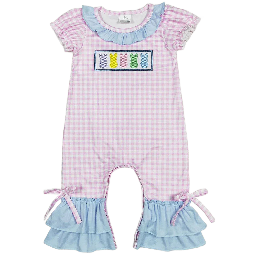 baby rompers pink and white gingham with blue ruffle collar and cuffs size XL for infants