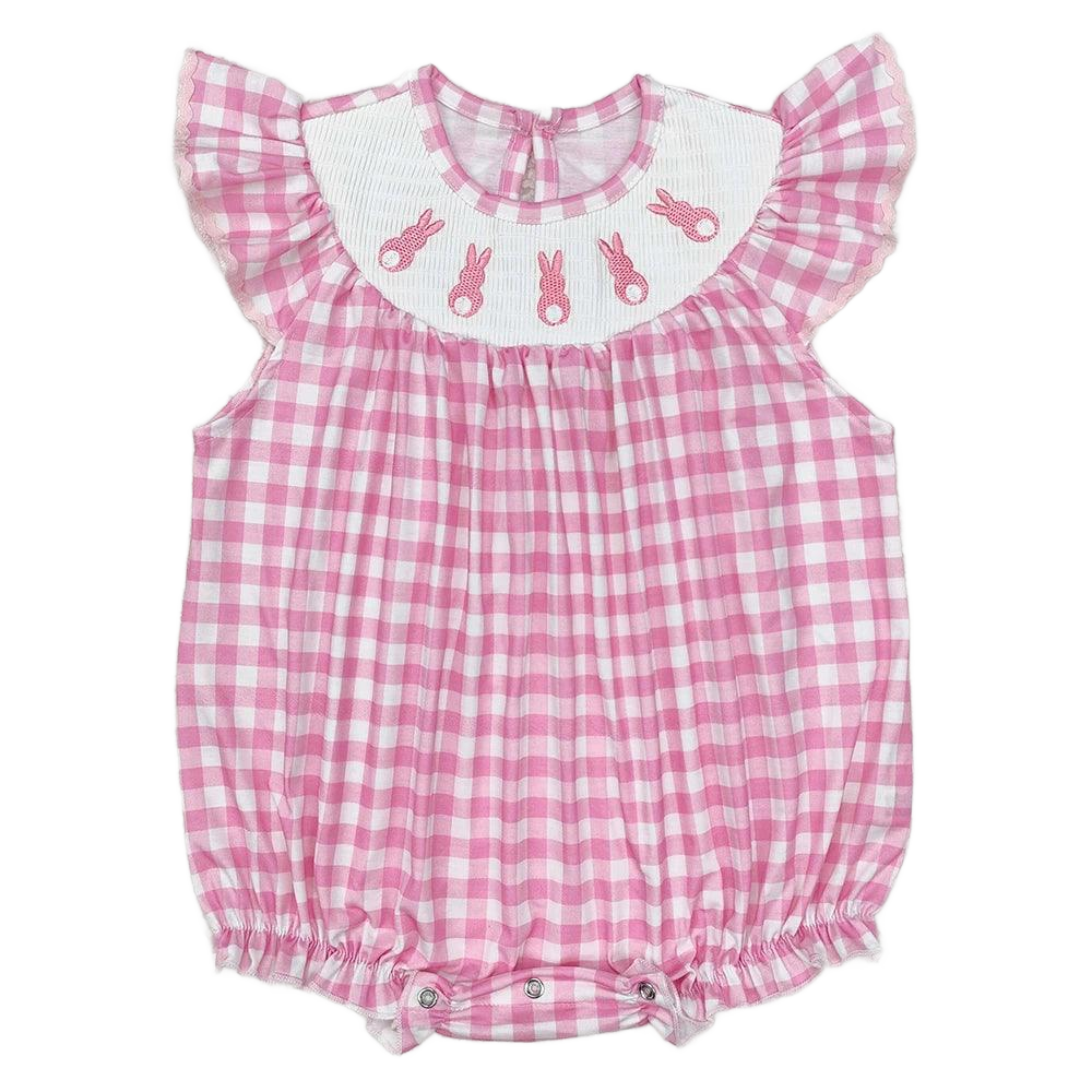 Pink and white gingham baby rompers with embroidered bunny detail and ruffled sleeves for infants