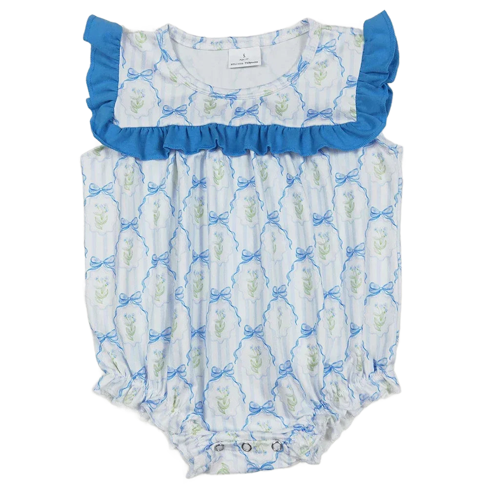 White and blue baby rompers for infants with floral and bow print and blue ruffle trim