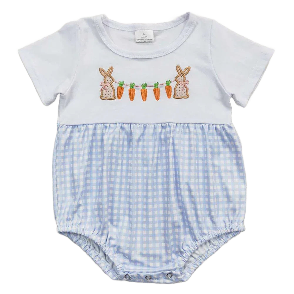 baby rompers white and blue gingham for infants with bunny and carrot embroidery short sleeve