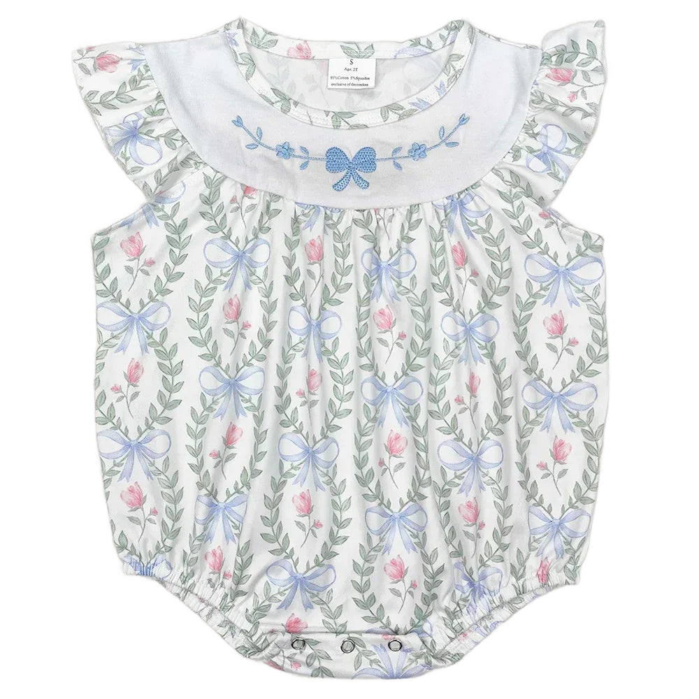 White baby rompers with blue bows and pink floral print, size small for infants, flutter sleeves