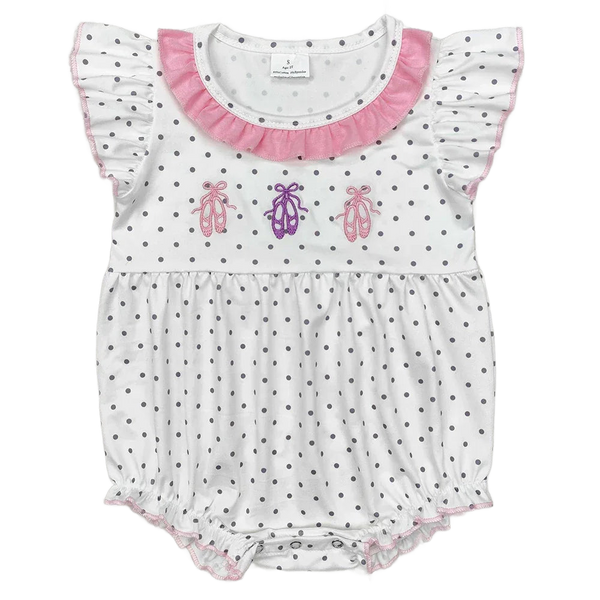 White baby rompers with gray polka dots, pink ruffle collar, flutter sleeves, and ballet shoe embroidery for infants